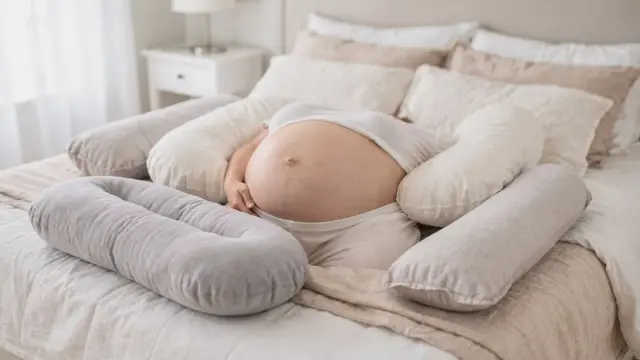 Schwangerschaftskissen zur Beckenentlastung auf einem Bett in einem hellen Schlafzimmer