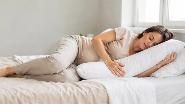 Schwangere nutzt ein Seitenschläferkissen im Bett zur Unterstützung beim Schlafen.