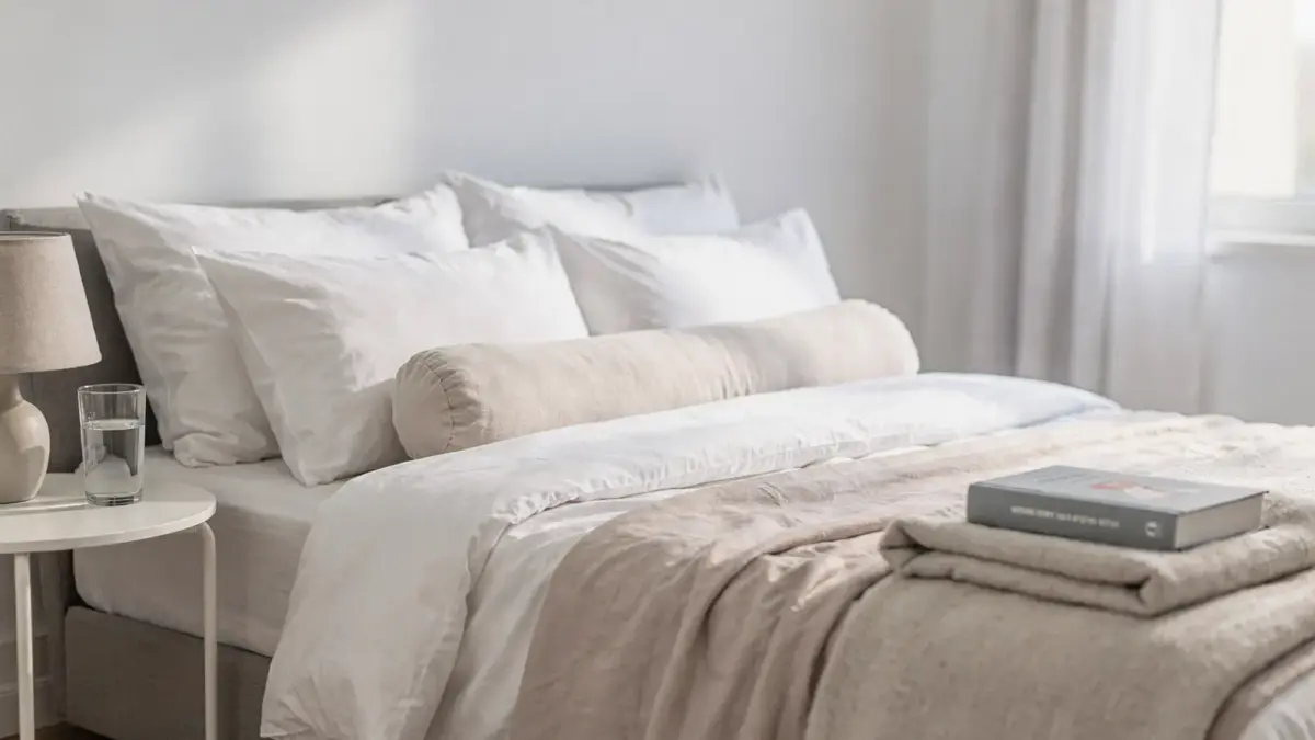Schlafhygiene in der Schwangerschaft: Bett mit Kissen und Nachttisch in ruhiger Schlafumgebung