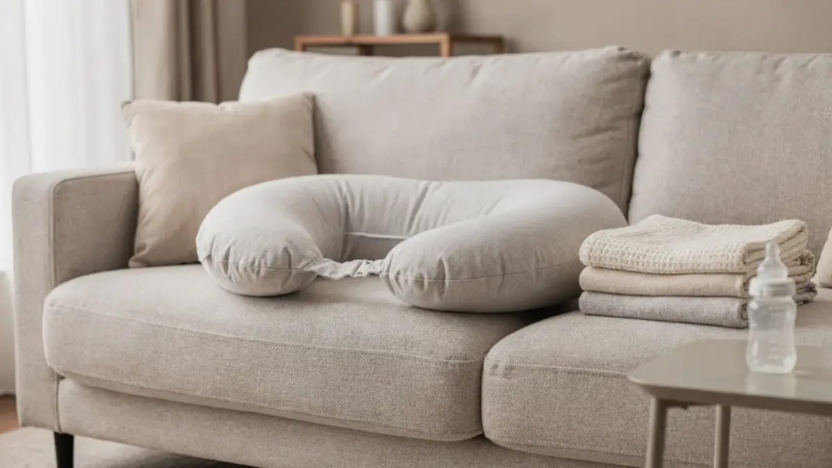 Stillkissen auf Sofa in stabiler Still-Szene mit Decke und Babyflasche