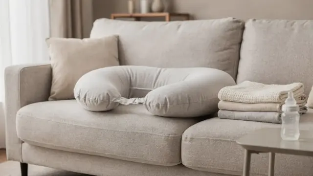 Stillkissen auf Sofa in stabiler Still-Szene mit Decke und Babyflasche