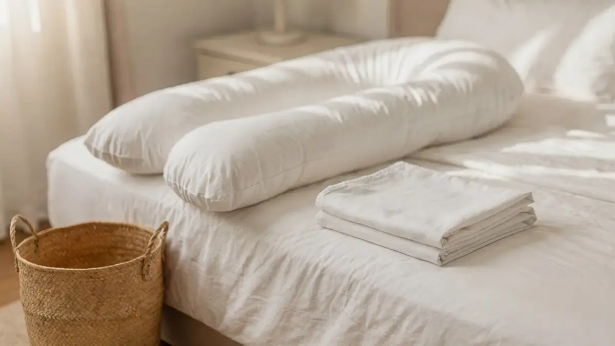 Schwangerschaftskissen mit abnehmbarem und waschbarem Bezug auf einem Bett