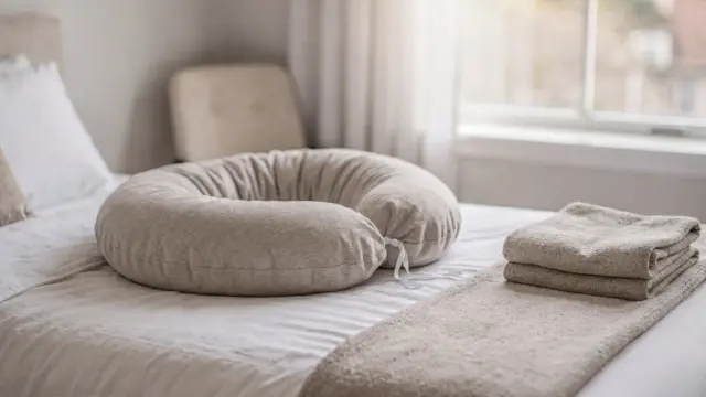 Schwangerschaftskissen in der Stillzeit auf einem Bett in einem hellen Schlafzimmer
