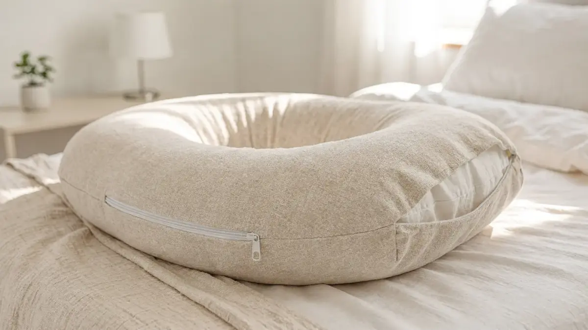 Schwangerschaftskissen-Bezug mit Reißverschluss auf einem Bett, passend zum Thema abnehmbar und waschbar