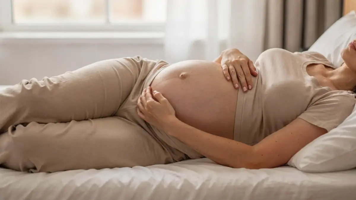 Schwangere Frau liegt im Bett auf der Seite zum Thema Bauchschlafen in der Schwangerschaft.
