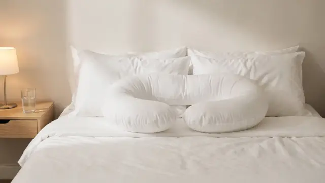 Schwangere im 3. Trimester liegt mit Kissen im Bett – Thema Schlafprobleme und Schlafpositionen