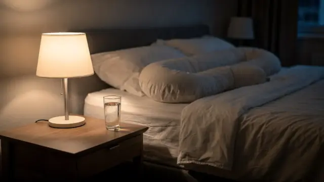 Schlafzimmer mit Wasserglas und Schwangerschaftskissen zum Thema nächtliches Wasserlassen in der Schwangerschaft