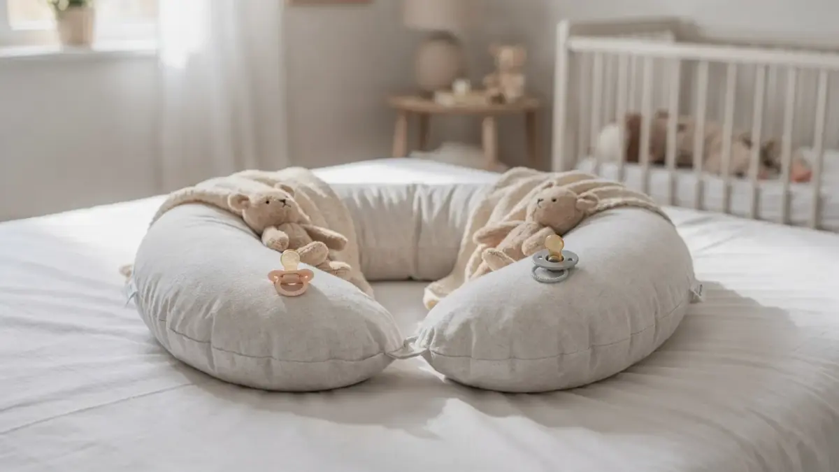Tandemstillkissen auf einem Bett im hellen Kinderzimmer für das Stillen von Zwillingen