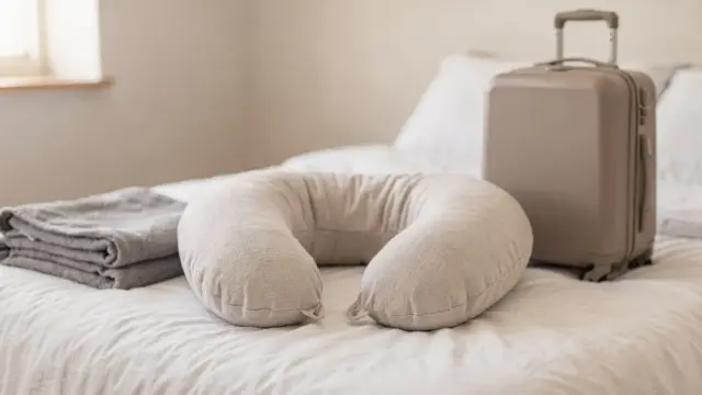 Kompaktes Stillkissen für unterwegs in kleiner Wohnung neben Reisetasche und Decke