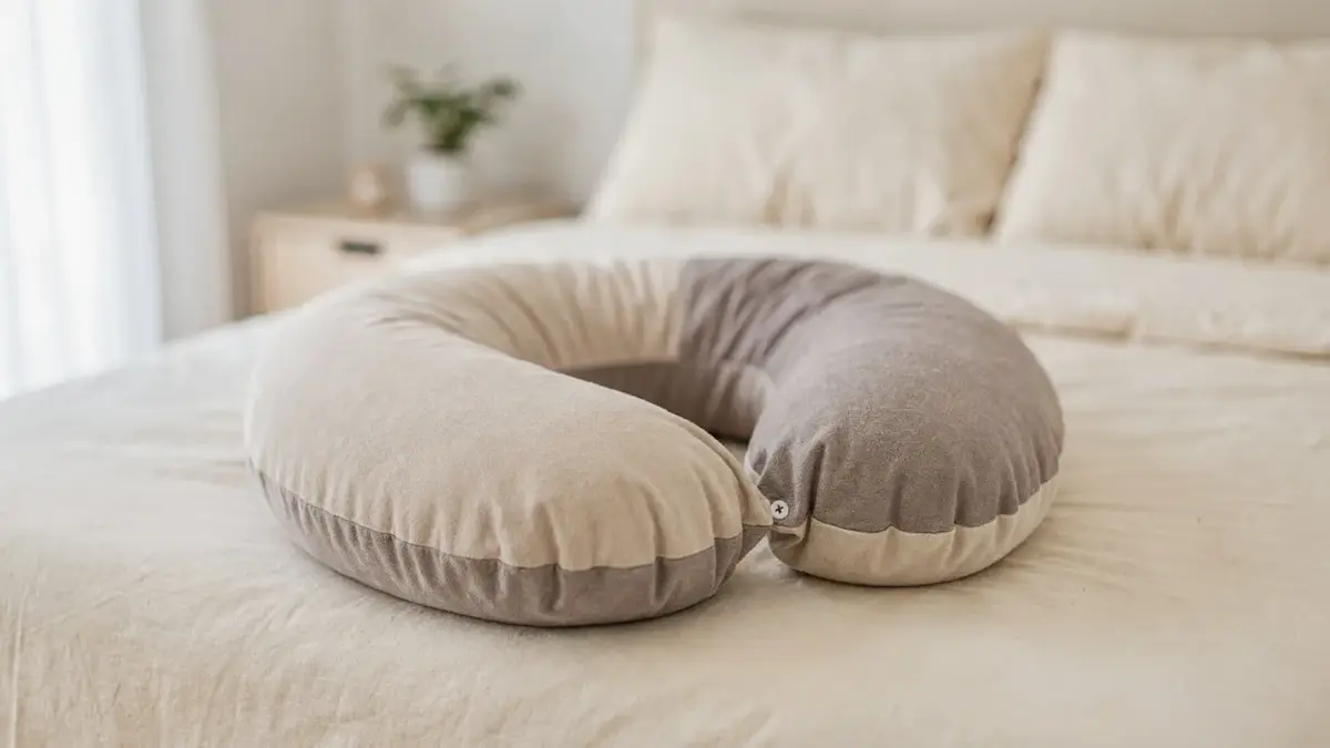 Verstellbares Schwangerschaftskissen auf einem Bett in hellem Schlafzimmer zum Thema Schwangerschaftskissen