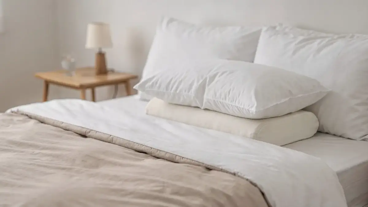 Seitenschlaf mit Kissen zur Entlastung bei Rückenschmerzen nachts im Schlafzimmer