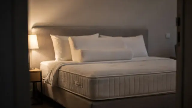Bett mit Kissen und Stützkissen zum Thema Rückenschmerzen nachts im Bett