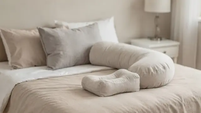 Schwangere Frau mit Kissen im Bett zur Entspannung bei Rückenschmerzen nachts in der Schwangerschaft