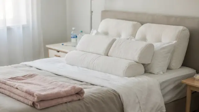 Kissen im Wochenbett zur Linderung von Beckenschmerzen auf einem hellen Bett arrangiert