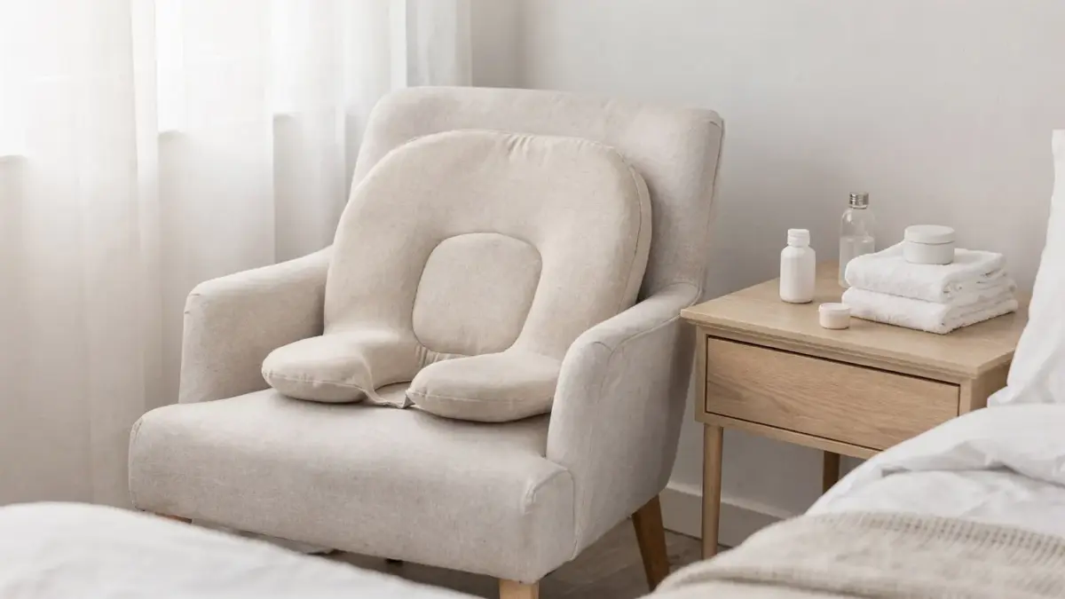 Sitzkissen im Wochenbett als Sitzhilfe bei Hämorrhoiden nach der Geburt auf einem Stuhl