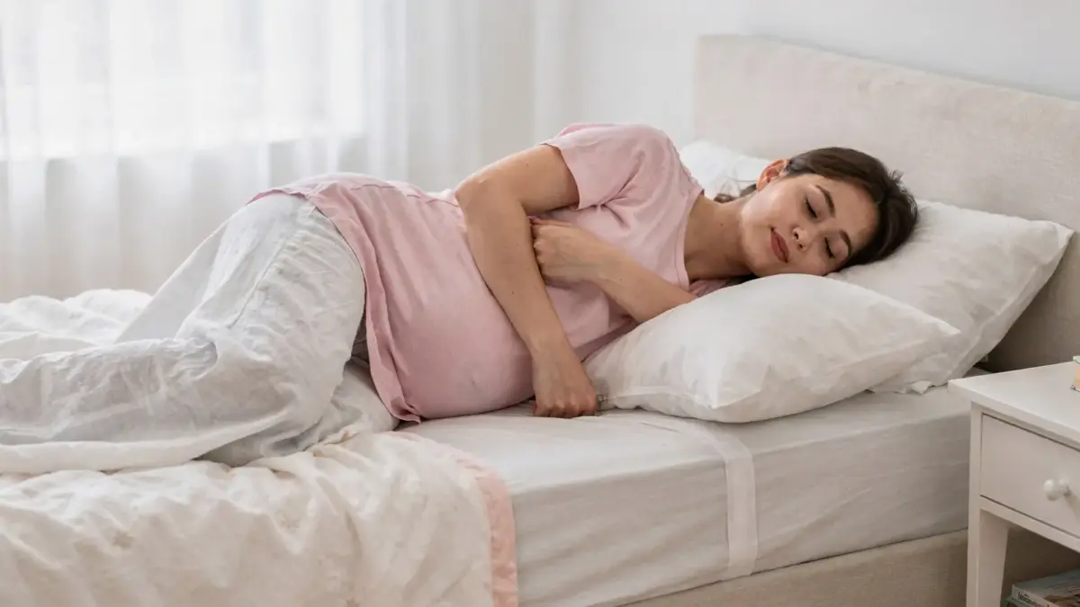 Schwangere im Bett in Seitenlage mit Kissen bei Atemnot im Liegen in der Schwangerschaft