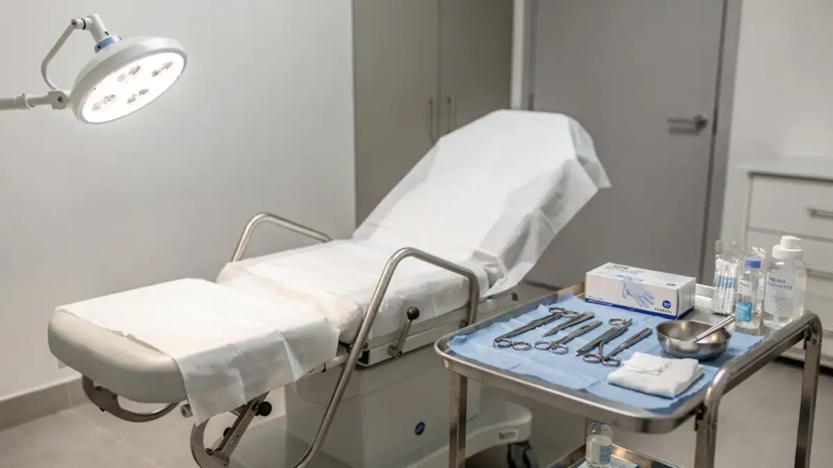 Ärztliche Untersuchung bei Dammverletzung nach Geburt oder OP in einer gynäkologischen Praxis