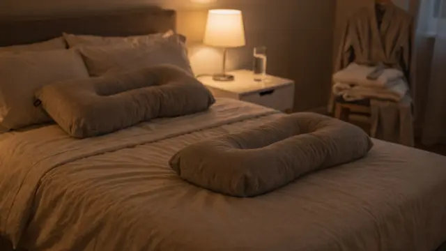 Schwangere im Schlafzimmer mit Stützkissen bei Ischias in der Schwangerschaft nachts