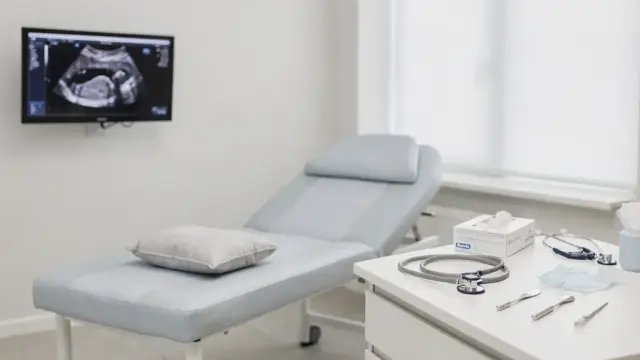 Schwangere mit Hand am Rücken in einer Praxis zum Thema Rückenschmerzen und Bauchschmerzen in der Schwangerschaft