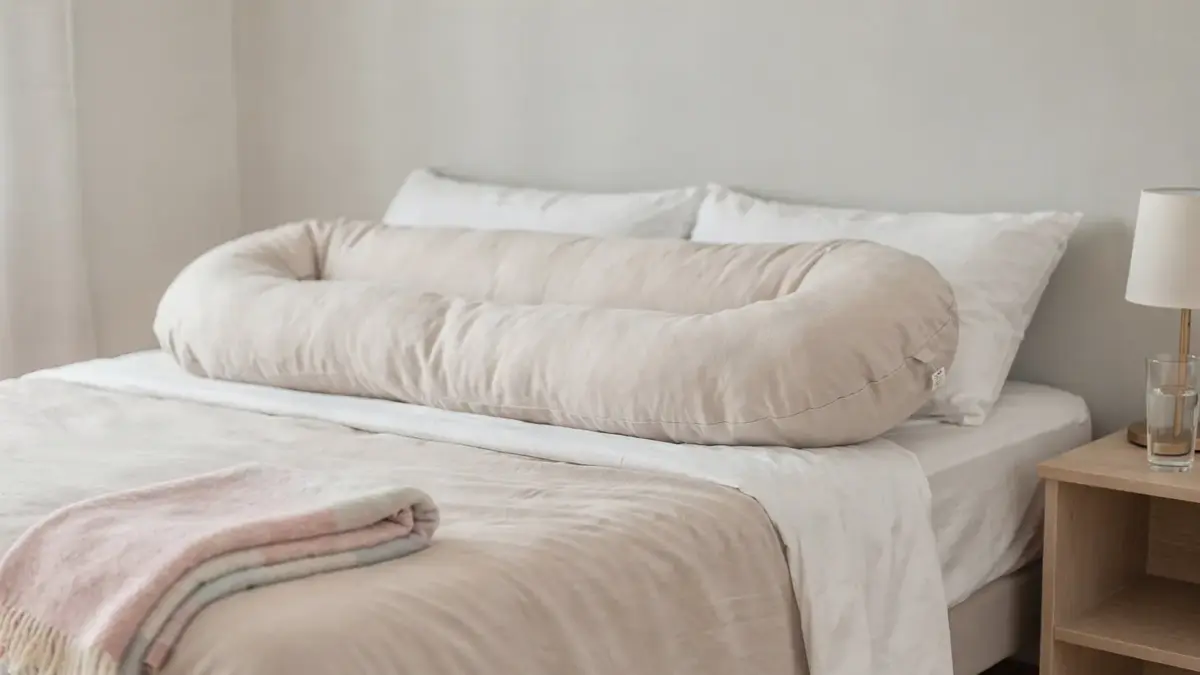 Schwangere Frau in Seitenlage mit Stützkissen im Schlafzimmer – Thema Seitenlage in der Schwangerschaft