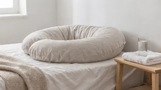 Schwangere Frau mit Seitenschläferkissen im Bett bei Verspannungen in der Schwangerschaft