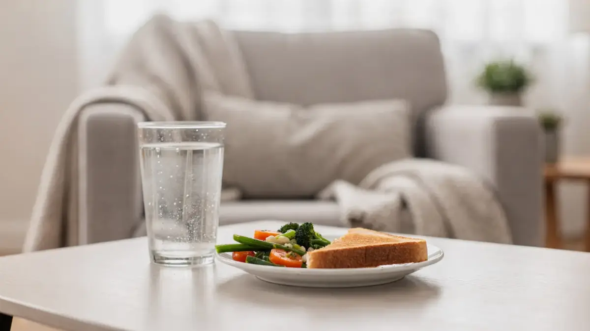 Schwangere Frau am Tisch mit Wasser gegen Sodbrennen in der Schwangerschaft durch Stress