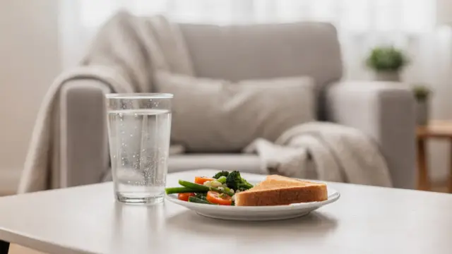 Schwangere Frau am Tisch mit Wasser gegen Sodbrennen in der Schwangerschaft durch Stress