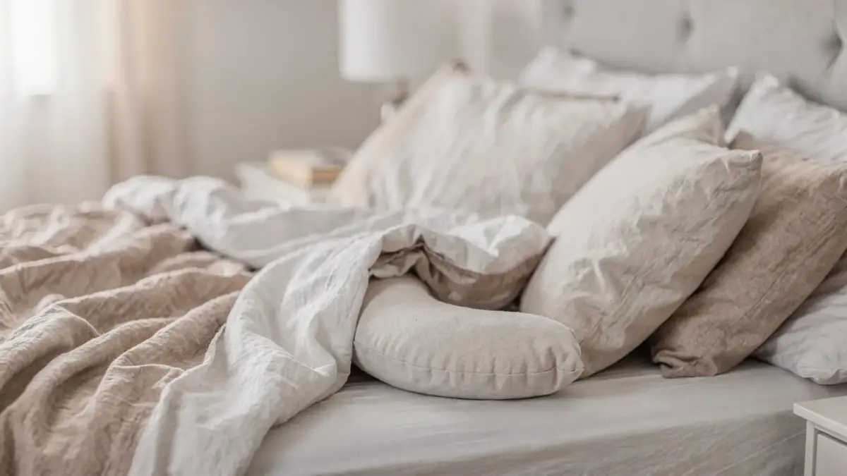 Postpartale Schlafposition im Wochenbett: Bett mit Kissen und Seitenschlaf-Setup