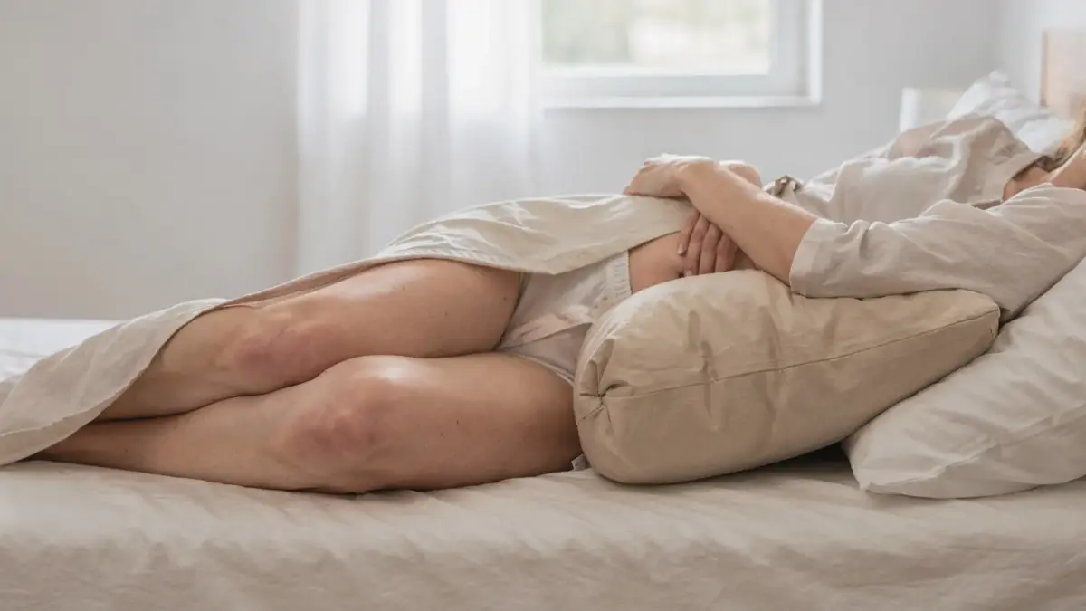 Postpartum Frau im Bett mit Kissen zur Entlastung von Hüfte und Becken nach der Geburt