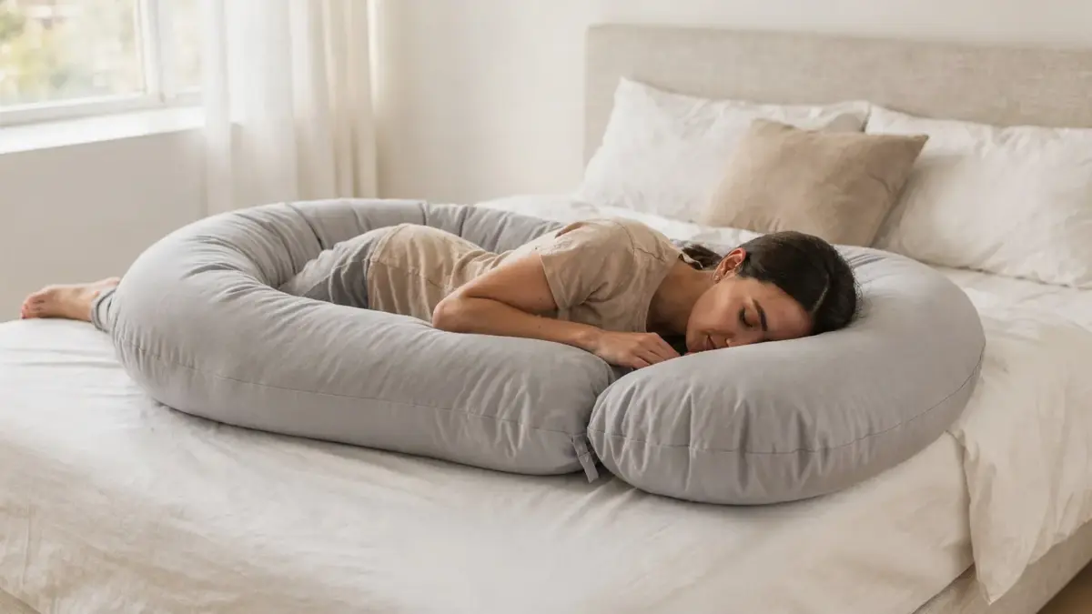 Schwangerschaftskissen als Seitenschläferkissen auf einem Bett im Schlafzimmer