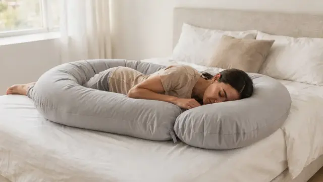 Schwangerschaftskissen als Seitenschläferkissen auf einem Bett im Schlafzimmer