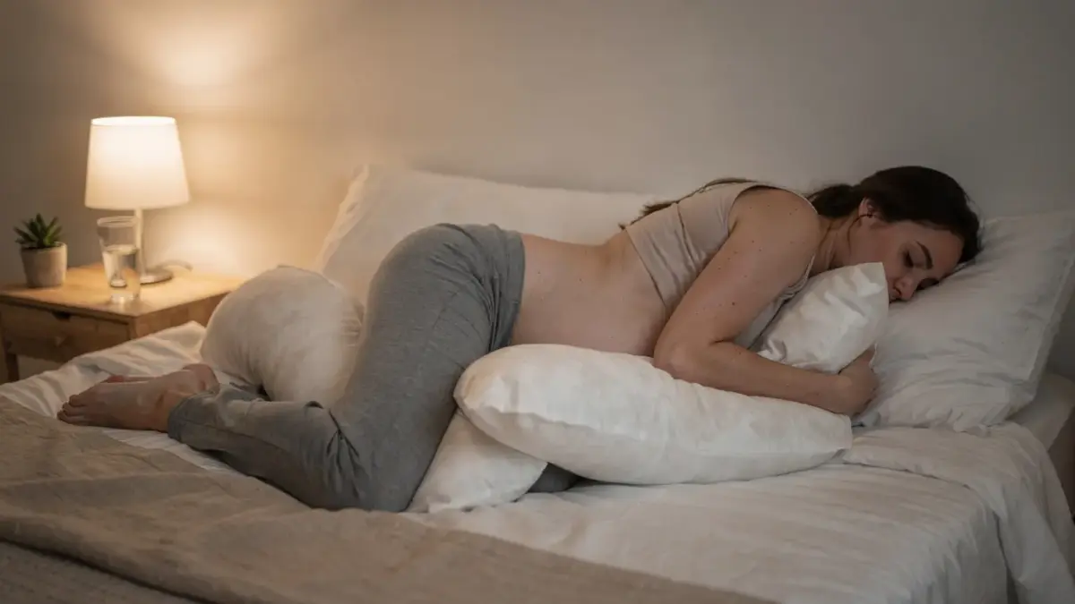 Schwangere beim sicheren Positionswechsel im Bett nachts mit Kissen