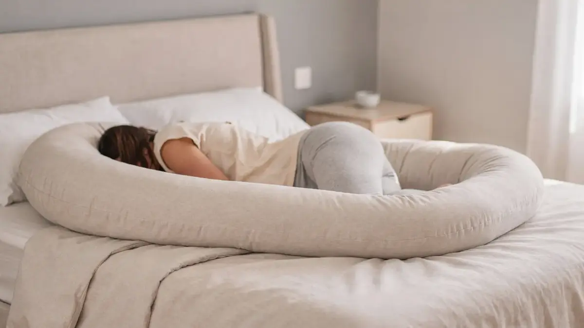 Schwangerschaftskissen im Bett zur Entlastung des Rückens bei Rückenschmerzen in der Nacht