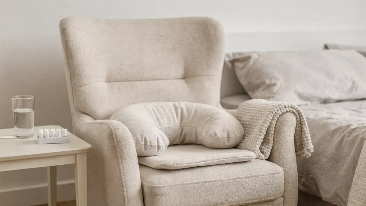 Rückenschonendes Sitzen im Wochenbett mit Stuhl und Stillkissen nach der Geburt