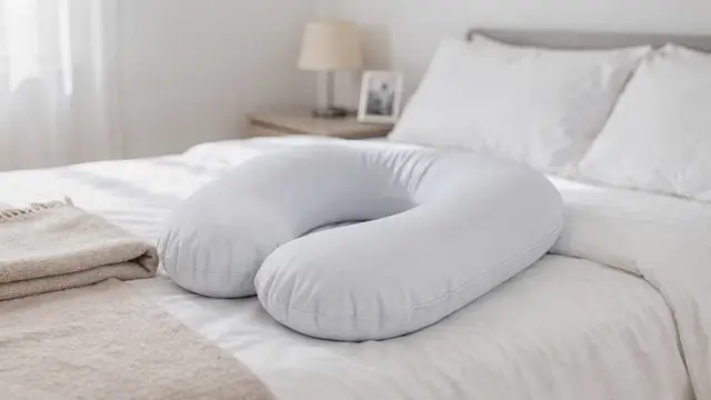 Schwangerschaftskissen als Stillkissen auf einem Bett, sauber arrangiert und alltagstauglich