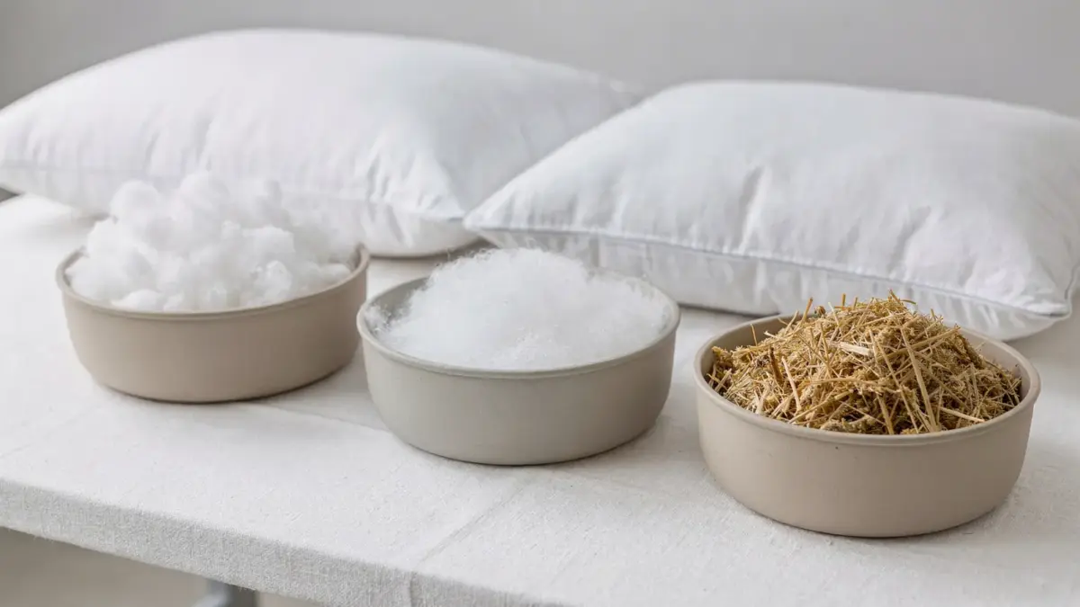 Waschbare Kissenfüllung mit verschiedenen pflegeleichten Füllmaterialien auf einem Tisch