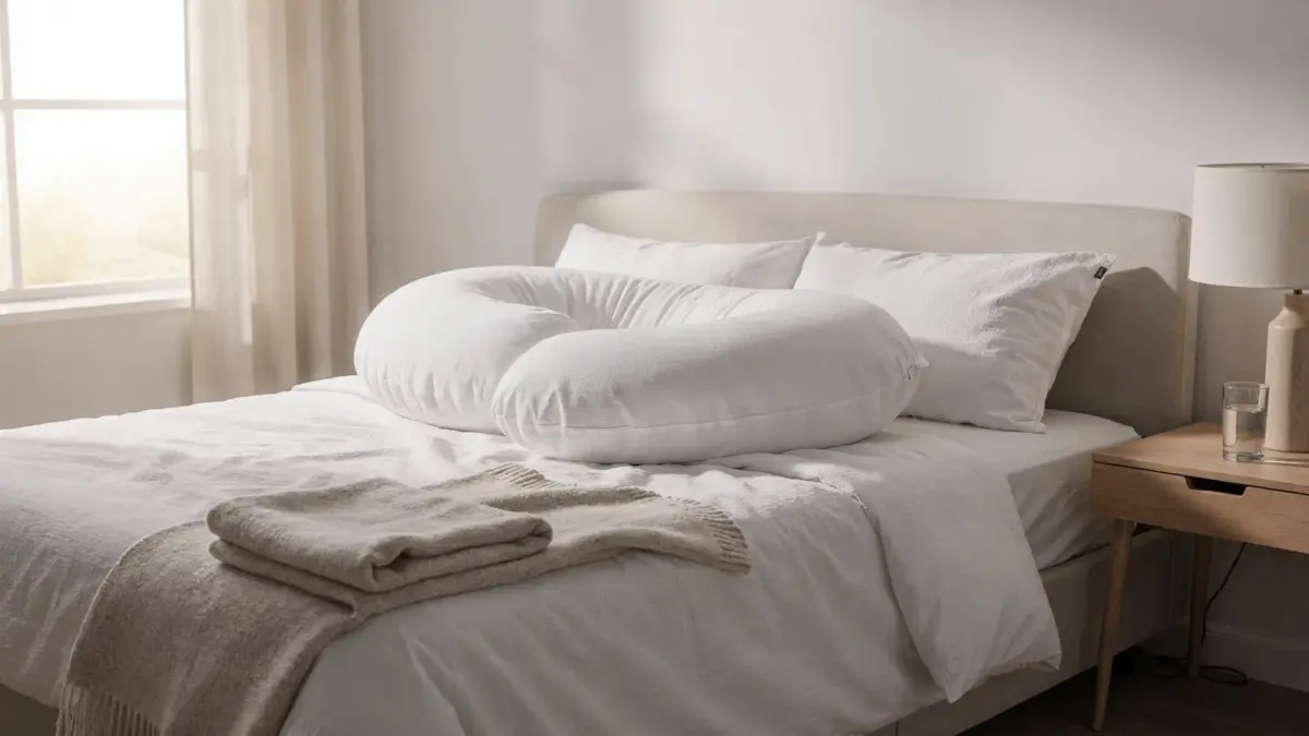 Kissen zur Druckentlastung in der Schwangerschaft auf einem Bett im Schlafzimmer