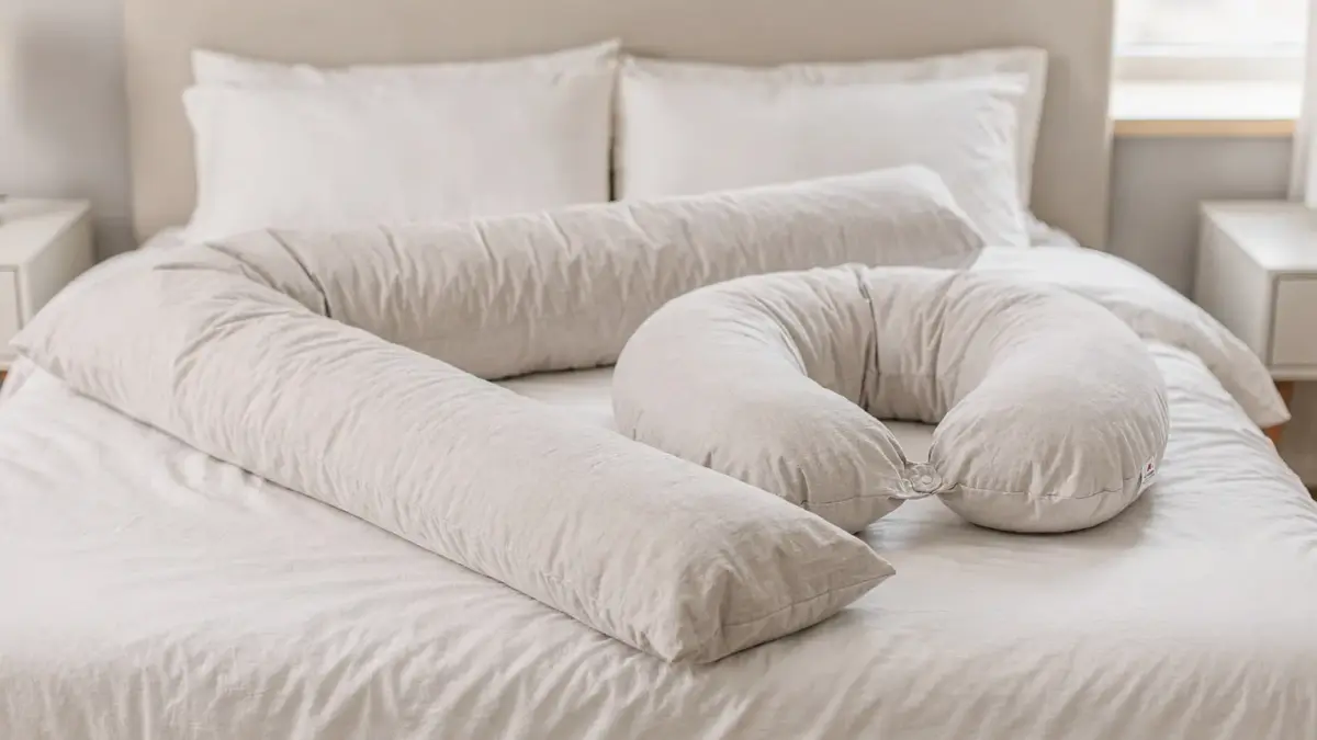 Seitenschläferkissen und U-Kissen auf einem Bett als Vergleich für die Schwangerschaft
