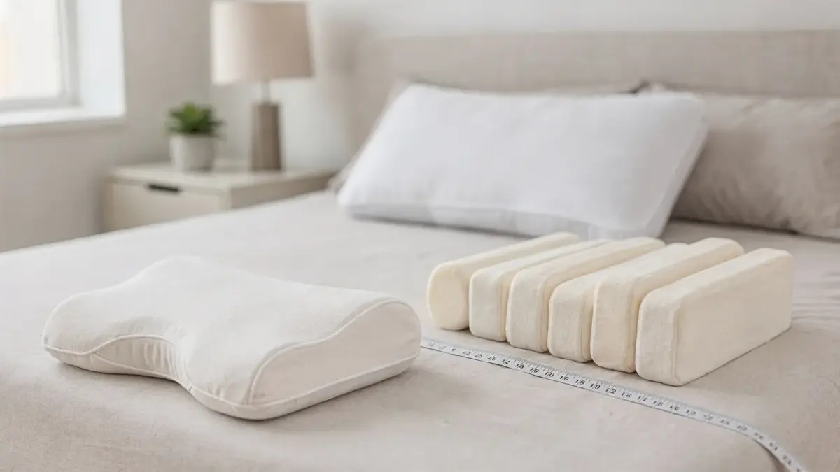 Ergonomisches Kissen und Maßband im Schlafzimmer zum Thema Kissenhöhe bei Rückenschmerzen