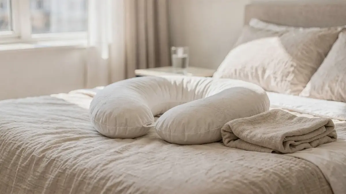 Stillkissen auf dem Bett im Wochenbett zur Unterstützung beim Stillen nach der Geburt