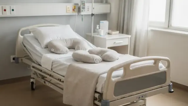 Stillen nach Kaiserschnitt in Seitenlage mit Kissen im Krankenhauszimmer