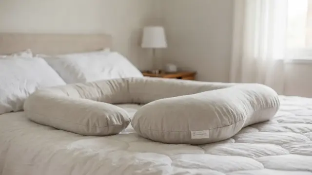 Stillen im Liegen mit Kissen: Mutter und Baby in der Seitenlage auf dem Bett mit Stillkissen