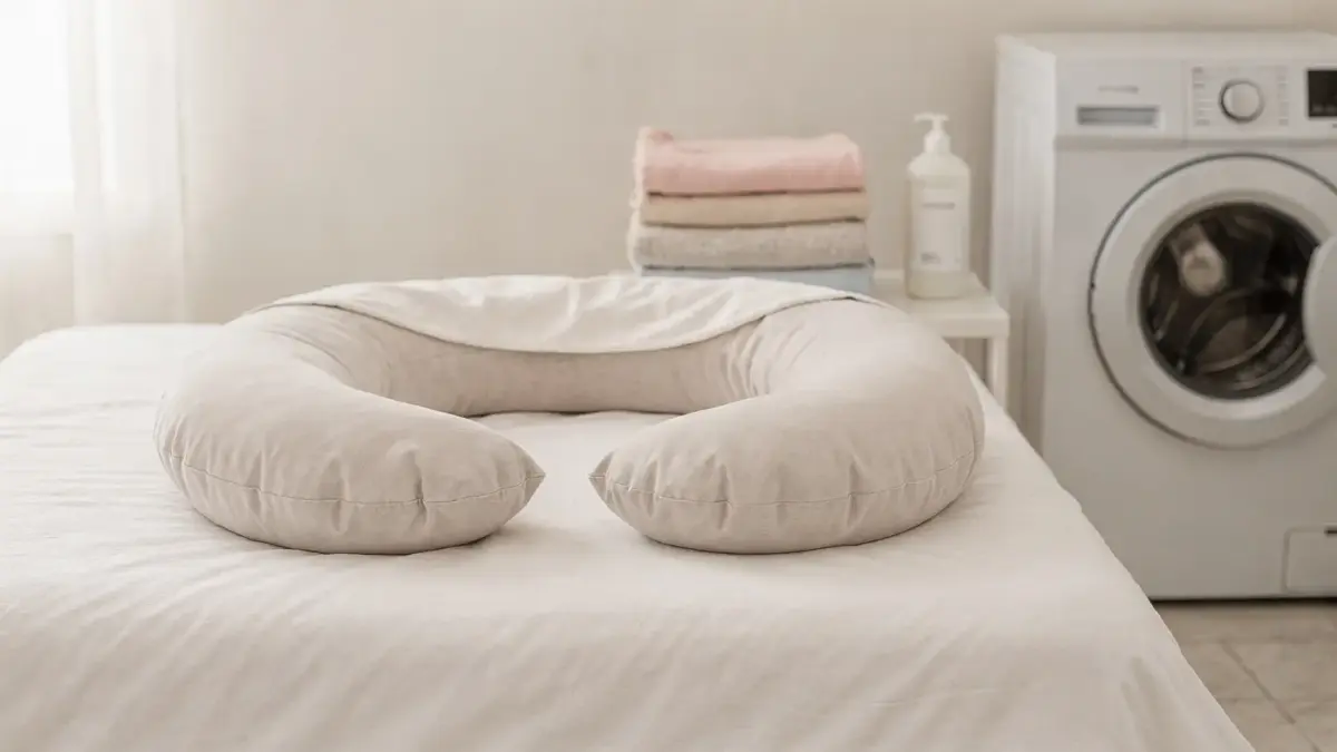 Schwangerschaftskissen auf dem Bett und Wäsche im Hintergrund zur hygienischen Pflege im Alltag