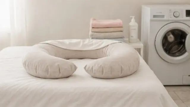 Schwangerschaftskissen auf dem Bett und Wäsche im Hintergrund zur hygienischen Pflege im Alltag