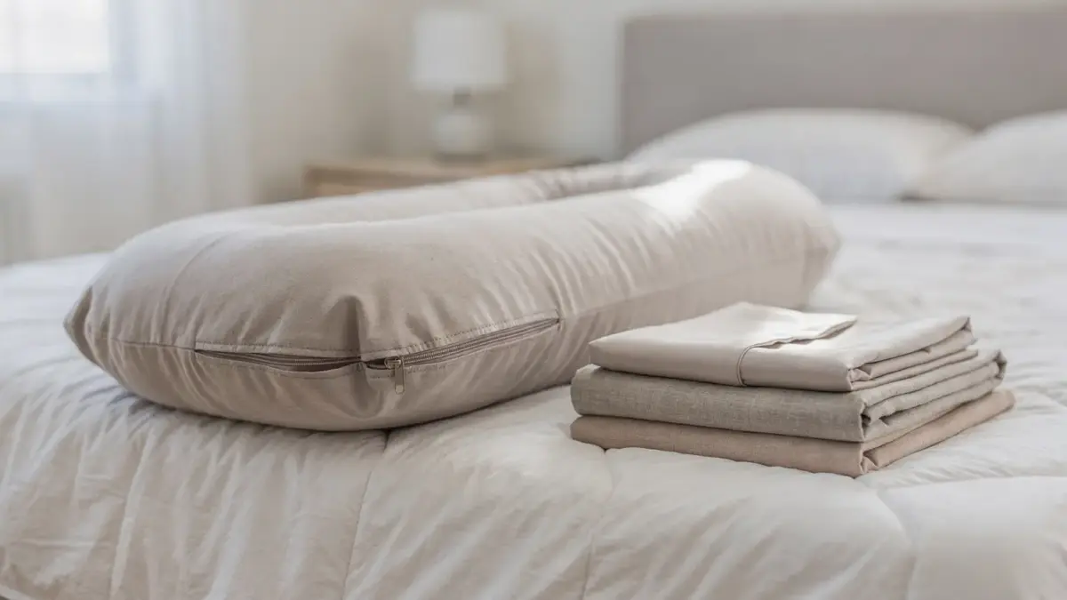 Schwangerschaftskissen mit Bezug auf einem Bett, daneben saubere Bettwäsche zur Pflege des Materials