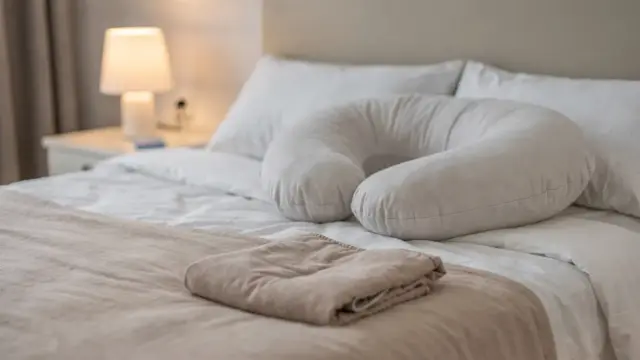 Schwangere im Bett mit Wärmekissen gegen Rückenschmerzen in der Schwangerschaft