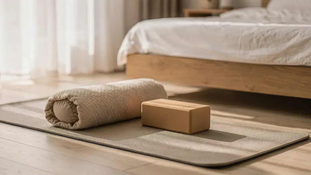 Schwangere beim Dehnen gegen Rückenschmerzen vor dem Schlafen im Schlafzimmer