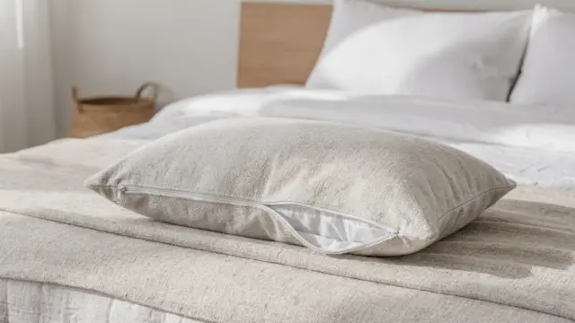 Waschbarer Kissenbezug auf einem Bett mit Reißverschlussdetail und Wäschekorb im Schlafzimmer