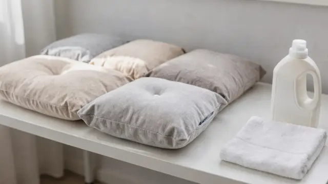 Schwangerschaftskissen aus Baumwolle, Jersey und Mikrofaser bei der Materialpflege auf einem hellen Tisch