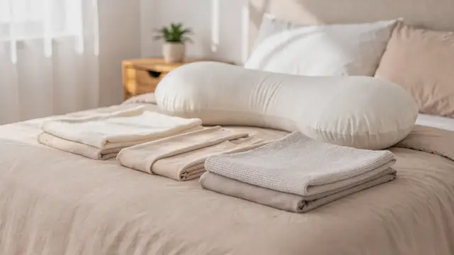 Schwangerschaftskissen mit pflegeleichten Stoffen wie Baumwolle und Bambus auf einem Bett